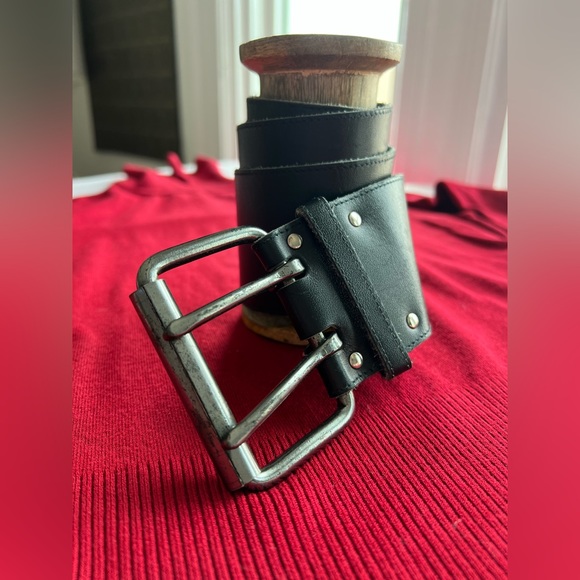 VTG 80s belt 35” black leather double loop silver big buckle waist - Picture 8 of 12